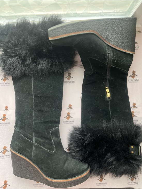 UGG Shoes - UGG Black Suede Wedge Boots with Faux Fur Cuff